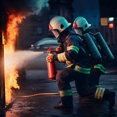 Obraz premium firefighters fighting fire in the fire, firefighters with extinguisher, firefighters with fire extinguisher, firefighters in action, fire, firefighter, fireman, emergency, firemen, safety, dan