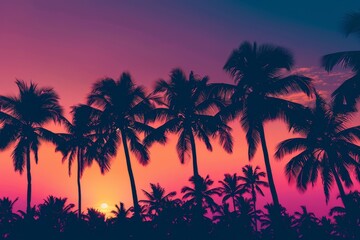 A tropical sunset with silhouettes of palm trees against a vibrant, colorful sky.