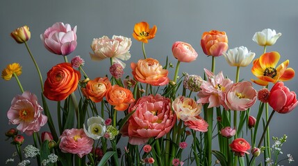 Fototapeta premium A bouquet of flowers in a vase on a table against a gray backdrop
