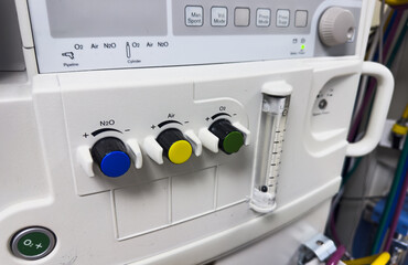 modern hospital anesthesia machine with airway ventilation system, featuring digital screens and...