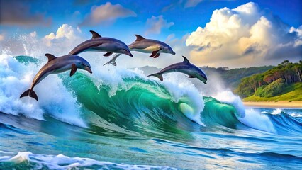 Playful dolphins jumping over breaking waves in Hawaii Pacific Ocean wildlife scenery, dolphins, jumping