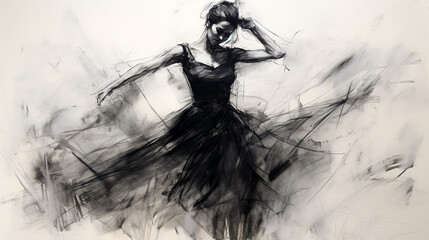 wide entertainment banner, black and white illustration charcoal pencil sketch drawing of women dancing and performing on stage with beautiful long dress, active live event scene in white background