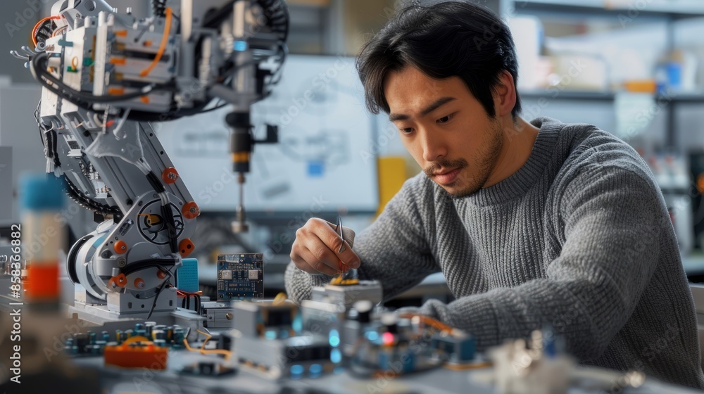 Poster focused engineer working on robotics project