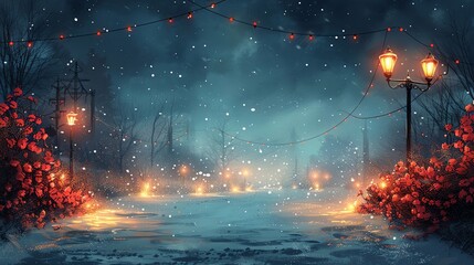 Snowcovered fields with lights creating a border, clear middle area, vast winter landscape, illuminated handdrawn style, perfect for wideopen countryside scenes