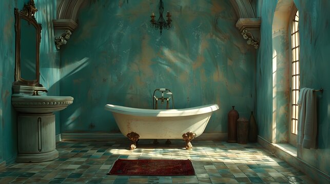 Elegant vintage bathtub in a luxurious blue bathroom with natural lighting and antique decor elements, ideal for interior design themes 