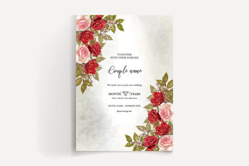 WEDDING INVITATION FRAME WITH FLOWER DECORATIONS AND FRESH LEAVES 