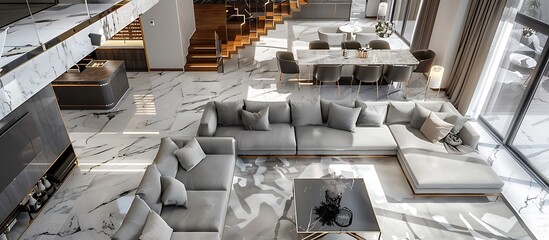 Elegant two-level interior design with high ceilings, featuring a contemporary gray sectional sofa in the living area and a chic dining space. Marble floors enhance the luxurious atmosphere.