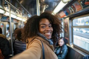 candid portrait of smiling young black woman taking selfie on new york subway train carefree moment