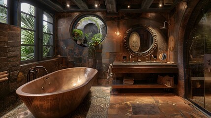 Luxurious rustic bathroom interior with a copper bathtub and natural materials finishes, elegantly decorated with plants and unique circular window. 