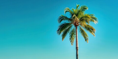 Palm tree standing tall against a clear turquoise sky, tropical, vacation, exotic, serene, nature, palm leaves