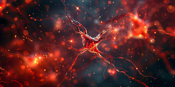 Red and black glowing neurons in the dark background