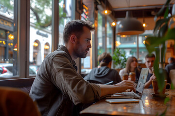 Obraz premium A man is sitting at a table in a cafe, typing on a laptop