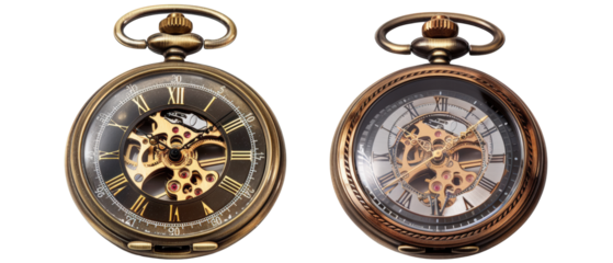 Two antique pocket watches with exposed gears.