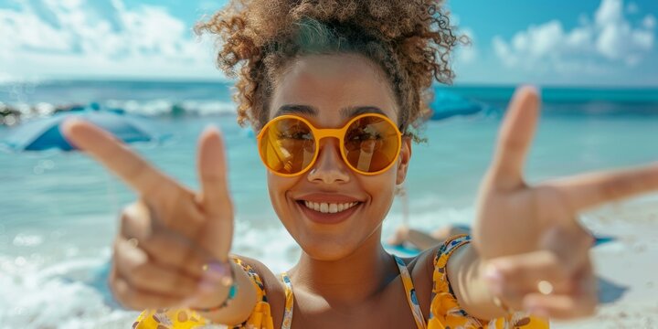 Joyful biracial woman with curly hair wearing yellow sunglasses and floral dress smiling at beach on a sunny summer vacation. - Powered by Adobe