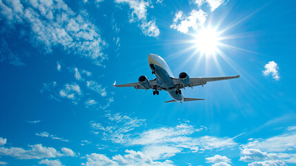 Commercial airline with blue sky and sun on the background