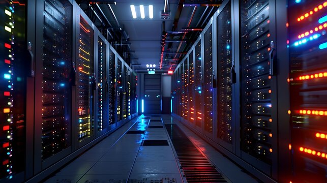 high-tech server room with rows of servers, blinking LED lights, and advanced cooling systems to maintain optimal temperature