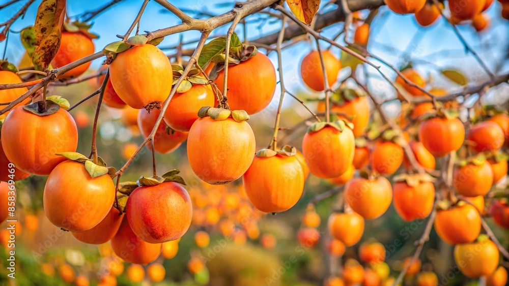 Wall mural orange persimmons hanging from the branches of a persimmon tree , fruit, harvest, autumn, ripe, orga - Wall murals