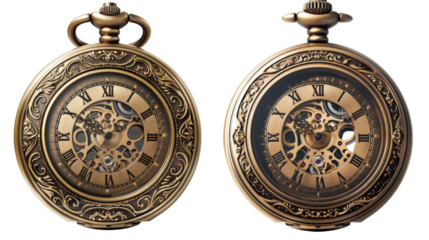 Two antique pocket watches with intricate designs and exposed clockwork.  One face is visible, the other shows the inner workings.