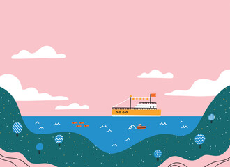 Cartoon landscape with sea view and a little ship, vector illustration