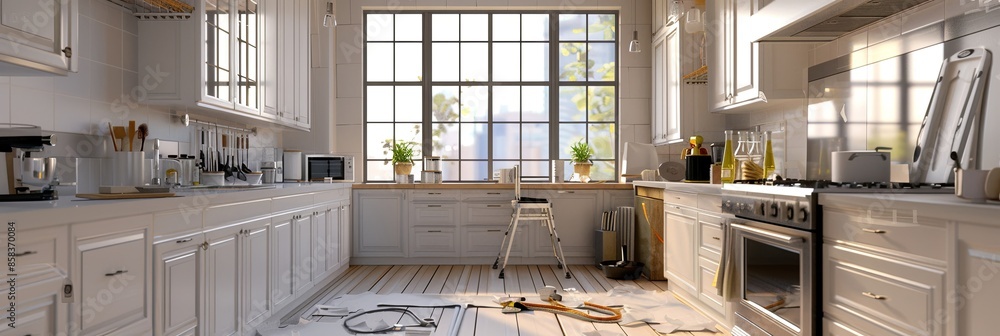 Poster a modern kitchen undergoing a stylish renovation with new cabinets being installed and countertops i