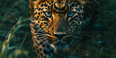 Fototapeta premium A leopard with blue eyes in the jungle, close-up
