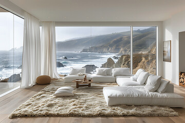 Beachfront villa in Malibu with minimalist design, featuring subtle sandstone textures, clean lines, and intricate details, showcasing the beauty of simplicity and clutter-free living.