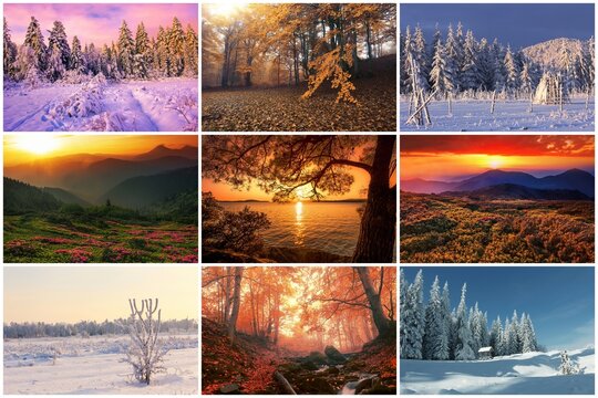 amazing summer collage  from 9 landscapes, awesome sunset images, beautiful nature background,  mountains and sea , Europe	