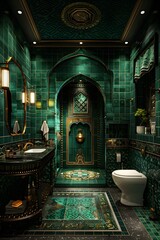 Obraz premium Luxurious bathroom with ornate green tiles and exquisite vintage fixtures on a vertical layout.