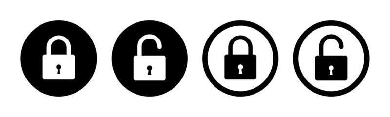 Lock and unlock icon set in circle and stroke style in black and white color in square style. Lock icon collection. Locked and unlocked black stroke icon. Flat security symbol. Vector Icon.
