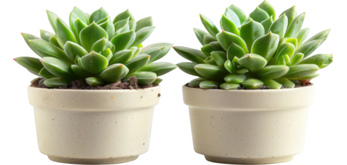 Two succulent plants in white pots.