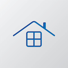 House roof and window simple icon vector. Flat design. Paper cut design. Cutted blue symbol with shadow. Gray background