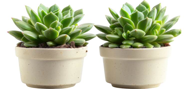 Two succulent plants in white pots.