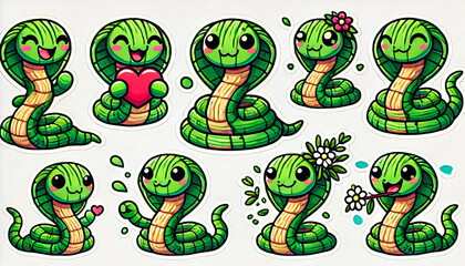 Obraz premium Cute cartoon snake stickers with various expressions and poses, perfect for children’s products, educational materials, merchandise, stationery, and playful designs.