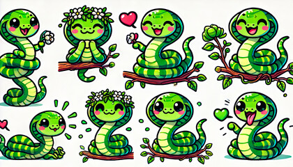 Cute cartoon snake stickers with various expressions and poses, perfect for children’s products, educational materials, merchandise, stationery, and playful designs.