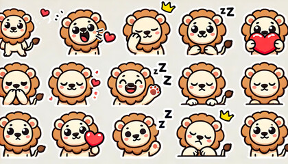 Cute cartoon lion stickers with various expressions and poses, perfect for children’s products, educational materials, merchandise, stationery, and playful designs.