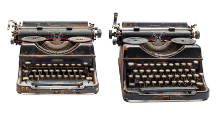 Two vintage typewriters, both black, with worn keys, one slightly angled, facing the camera.