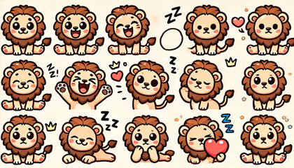Obraz premium Cute cartoon lion stickers with various expressions and poses, perfect for children’s products, educational materials, merchandise, stationery, and playful designs.