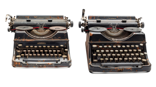 Two vintage typewriters, both black, with worn keys, one slightly angled, facing the camera.