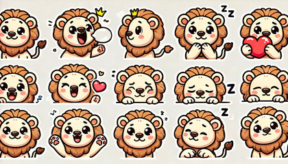 Cute cartoon lion stickers with various expressions and poses, perfect for children’s products, educational materials, merchandise, stationery, and playful designs.