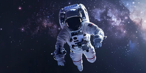A astronaut floating in space, wearing an advanced spacesuit and helmet with stars visible behind him