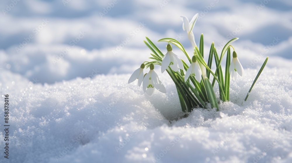 Wall mural Snowdrops and crocus flowers peeking through a blanket of snow, heralding the arrival of spring