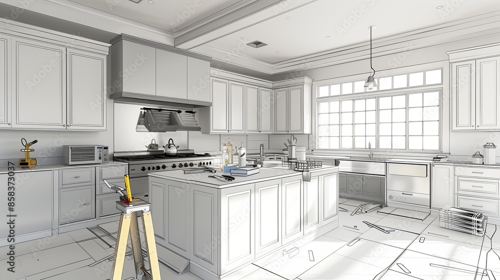 Aufkleber modern kitchen renovation: installing new cabinets and countertops with tools and materials scattere