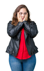 Beautiful plus size young woman wearing a fashion leather jacket over isolated background Tired hands covering face, depression and sadness, upset and irritated for problem