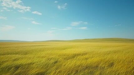 Fototapeta premium Winter wheat field under a clear blue sky, with the golden wheat swaying gently in the breeze