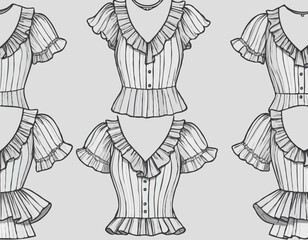 Ruffle Blouse technical fashion Illustration, seamless pattern. Peplum Top fashion flat technical drawing template, v-neck, short sleeve, peplum, front and back view, gray, women Top CAD mockup