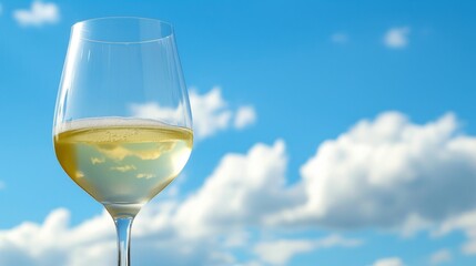 Obraz premium A glass of white wine elegantly set against a backdrop of fluffy white clouds in a clear blue sky