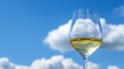 Obraz premium A glass of white wine elegantly set against a backdrop of fluffy white clouds in a clear blue sky