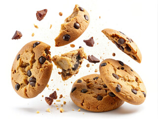 Falling broken chocolate chip cookies isolated on white background with clipping path, flying biscuits collection