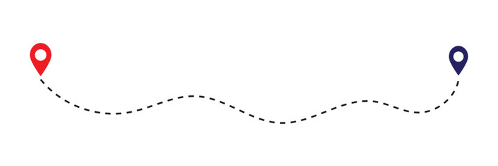 Route icon - two points with dotted path and location pin. Route location icon two pin sign and dotted line. Travel vector icon. Travel from start point and dotted line tracing