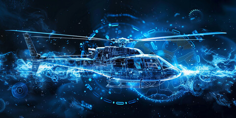 Digital art of a helicopter made from glowing blue data streams, representing the integration and connectivity in modern military technology
